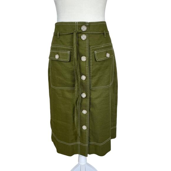 J.Crew Dresses & Skirts - J.Crew Linen Blend Button Front A-Line Skirt Green Sz 6T Classic Preppy Chic